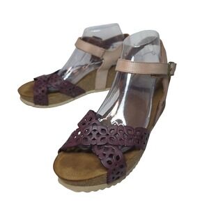 Wanda Panda Shoes Wedge Sandals Burgundy Leather Cutout‎ Cork Sole W's Size 41